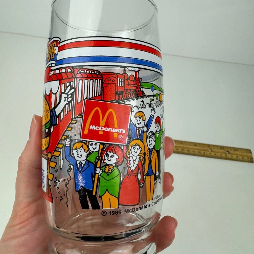 Vtg 1986 McDonalds Mc Vote Clear Drinking Glass‎ Thin Cheese Burger Collectible